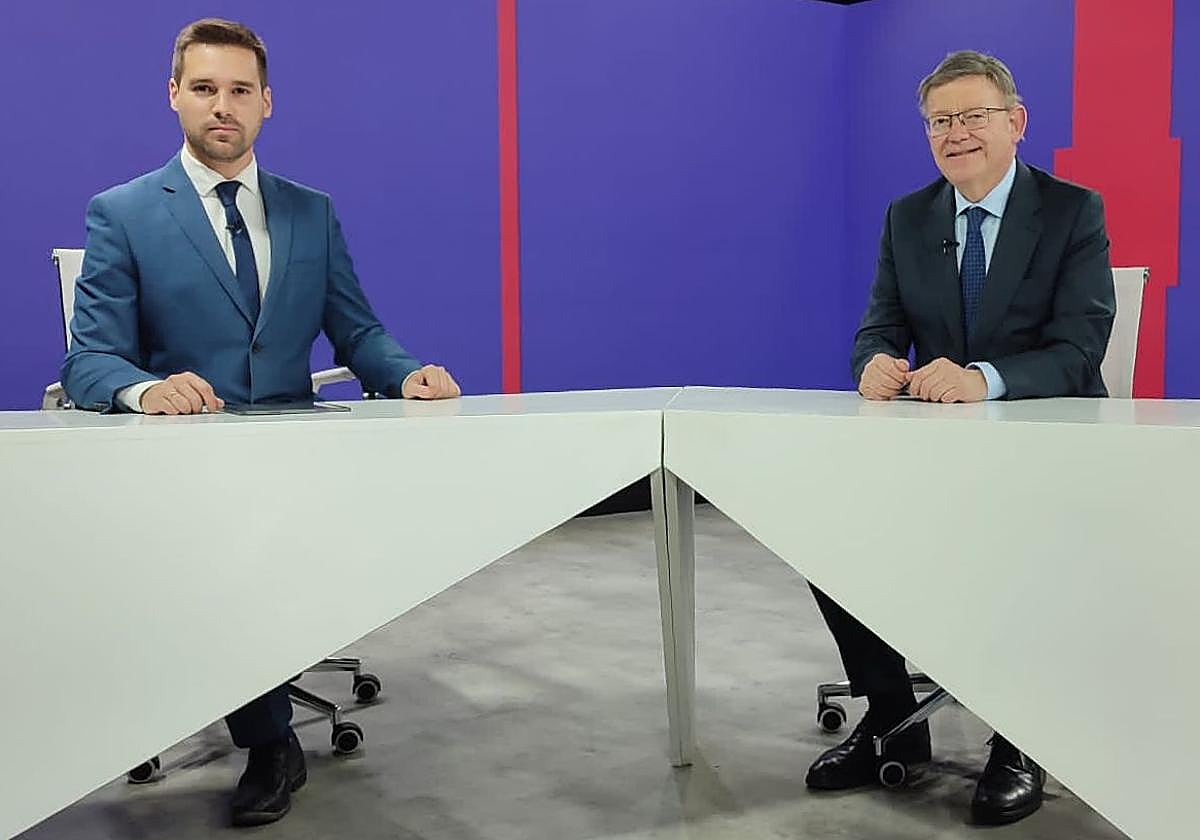 El presidente de la Generalitat, Ximo Puig, en el estudio de TeleElx donde se le entrevistó.