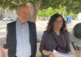 El portavoz del PSOE, Miguel Millana, y la portavoz adjunta, Trini Amorós, en la puerta de los juzgados de Benalúa.