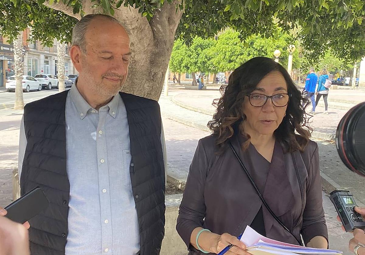 El portavoz del PSOE, Miguel Millana, y la portavoz adjunta, Trini Amorós, en la puerta de los juzgados de Benalúa.