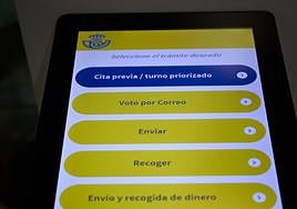 Menú de solicitación de cita previa en la oficina de Correos.