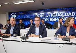 Carlos Mazón, sentado detrás de Alberto Núñez Feijóo en la celebración de la Junta Directiva Nacional.