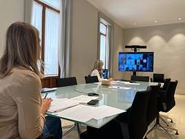 La consellera Nuria Montes durante la videoconferencia de la sociedad de ITV.