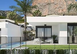 Vista de como será uno de los chalets de la urbanización Polop Hills con el monte Ponoig a las espaldas.