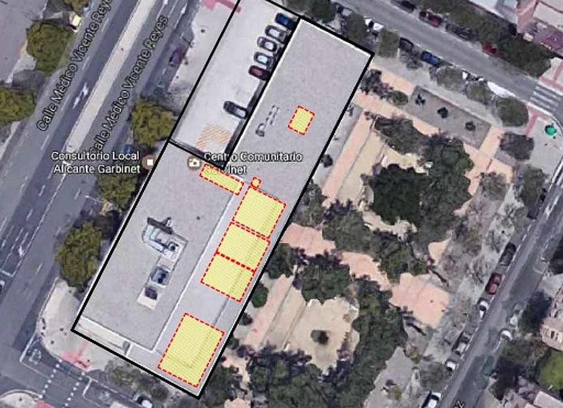 Vista aérea del centro Garbinet y en amarillo las áreas que se reformarán.