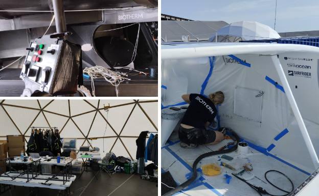 Arriba el interior del barco IMOCA de Biotherm, abajo el campamento base de este equipo y a la derecha una de las trabajadoras pinta el exterior del barco