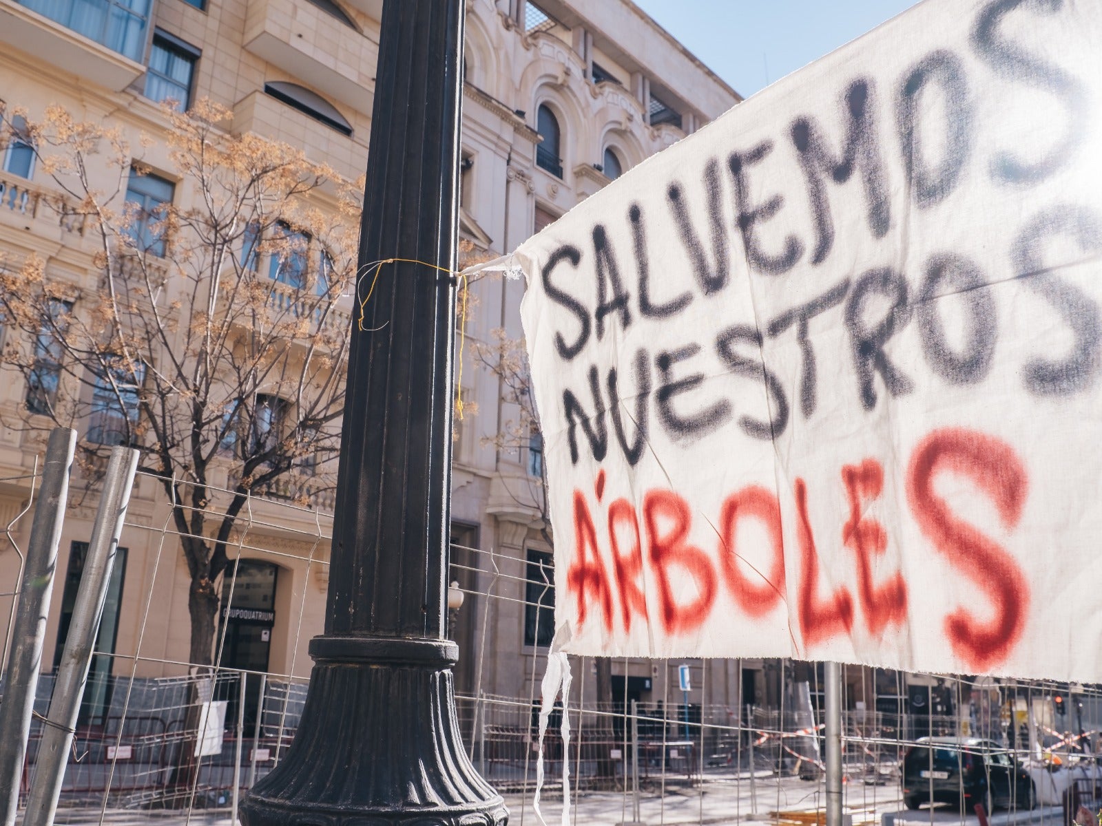 Uno de los carteles frente a las primeras melias que serán trasladadas protegidas con papel de burbújas 