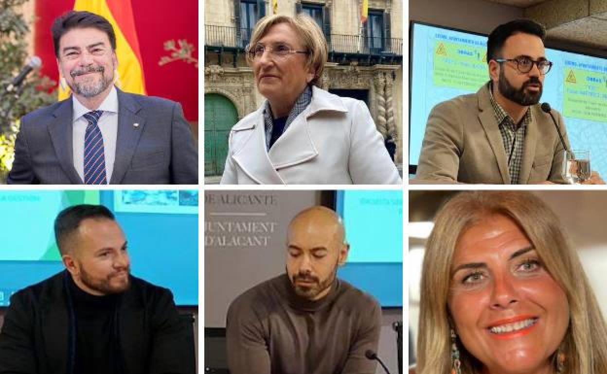 De arriba a abajo, y de izquierda a derecha: Luis Barcala (PP); Ana Barceló (PSOE); Adrián Santos (Ciudadanos); Rafa Mas (Compromís); Xavi López (Podemos) y Carmen Robledillo (Vox).