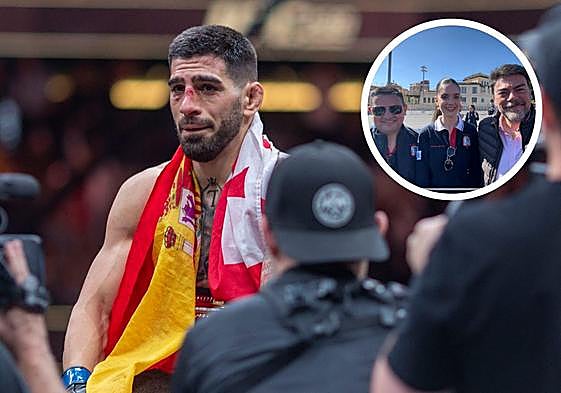 El alcalde, la bellea del foc y el presidente de la Federació felicitan a Topuria.