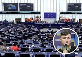 Sesión del Parlamento Europeo; y Maxim Kuzmínov, ex miembro del ejército ruso asesinado.