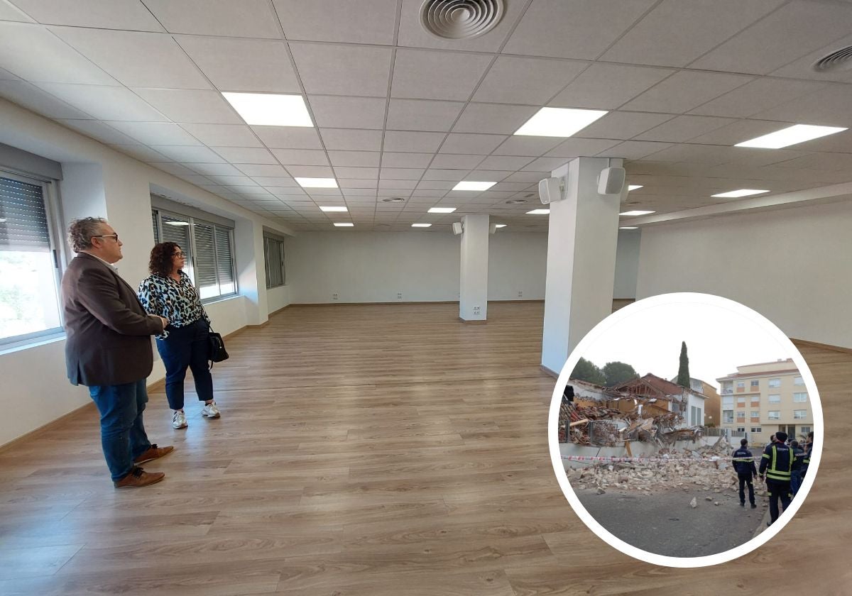 Imagen de las nuevas instalaciones y de la estampa que dejó el derrumbre a finales de 2022.