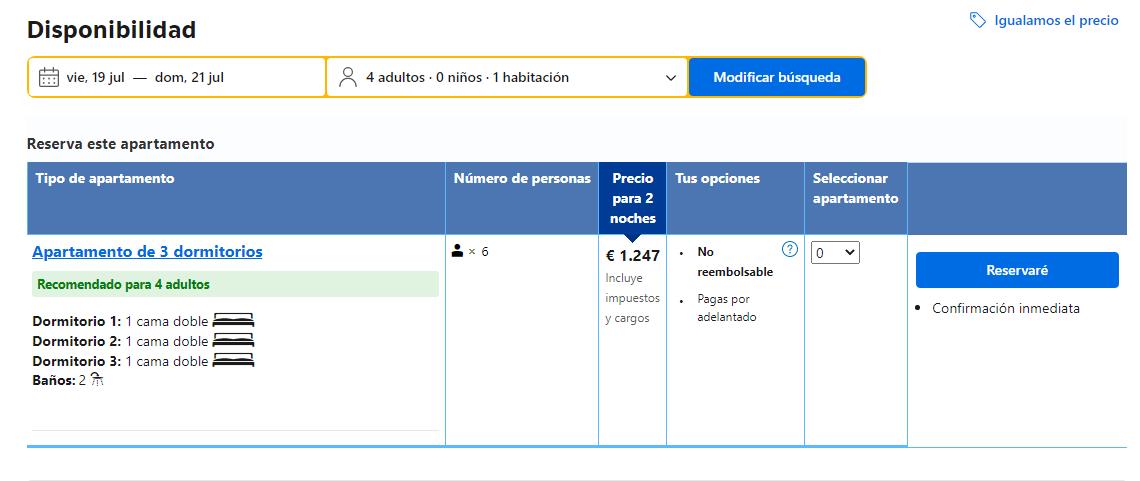 Precio para un apartamento de lujo en la isla de Tabarca durante un fin de semana en julio.