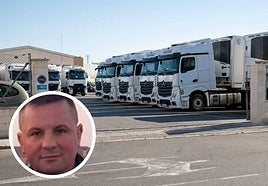 Camiones en un polígono alicantino junto a un retrato de la víctima.