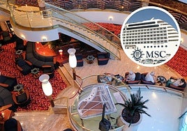 Vista interior del crucero y, en pequeño, el exterior del buque.