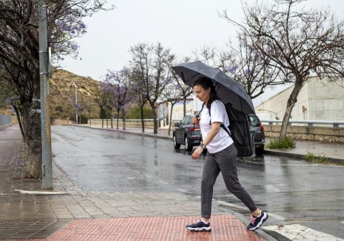 Una mujer se refugia de la lluvia con su paraguas en Alicante.