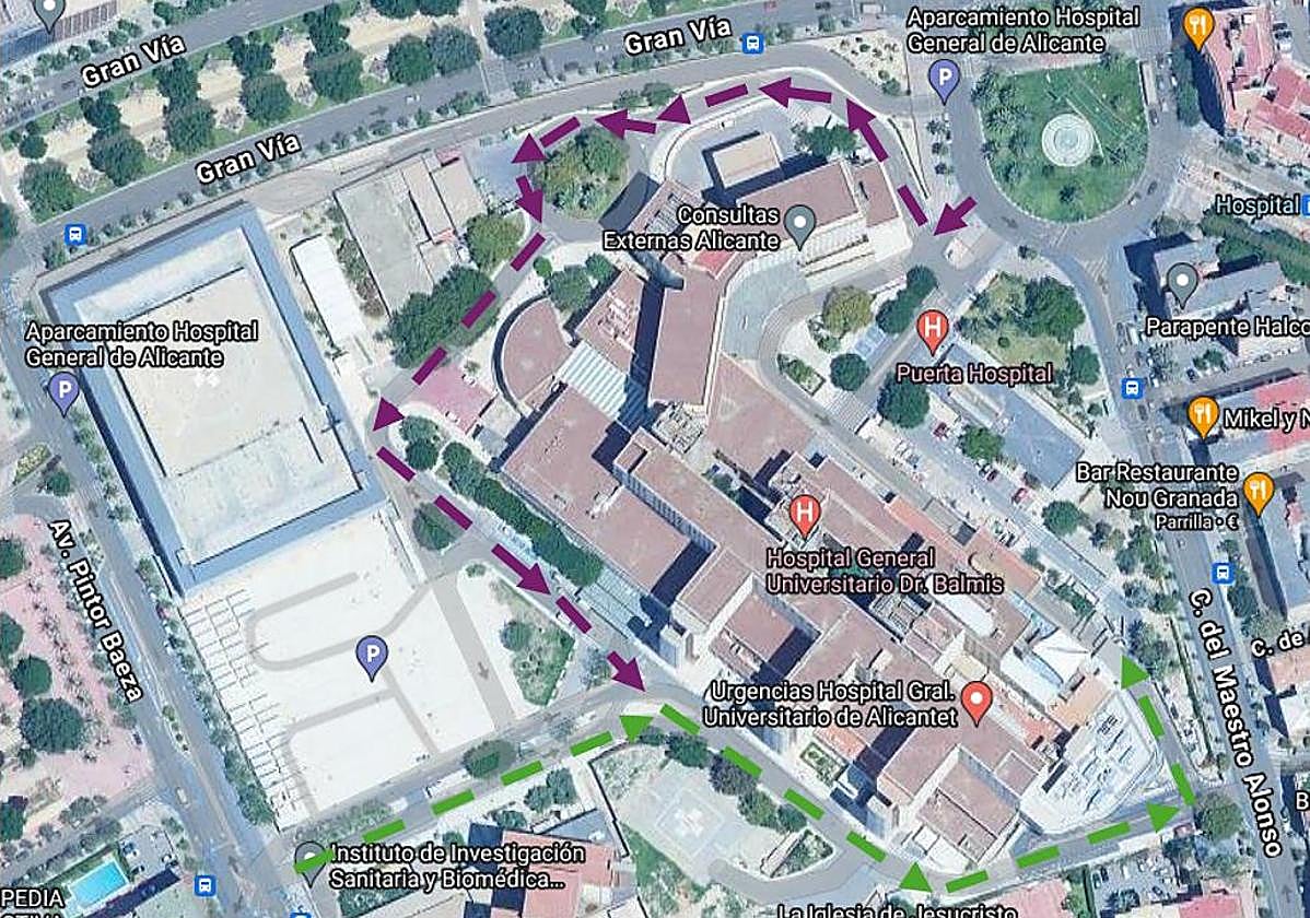 Mapa con la recreación de los accesos a Urgencias.