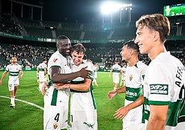 Bambo Diaby celebra la victoria ante el Córdoba.