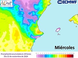 Previsión de lluvias para el miércoles.