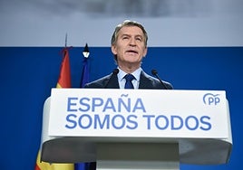 El presidente del Partido Popular, Alberto Núñez Feijóo, durante una rueda de prensa del Partido Popular.