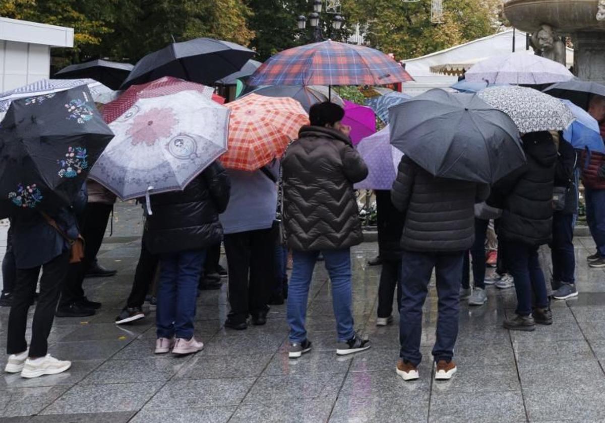 A group of people shield themselves from the rain.