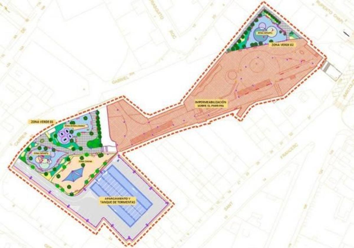 Proyecto de reurbanización del parque Gabriel Miró en el que se prevé construir un tanque de tormentas.