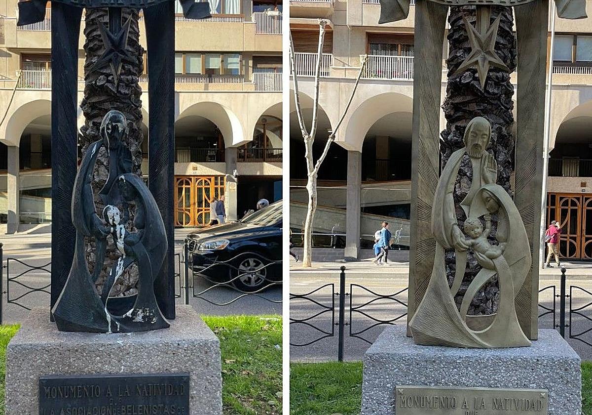Monumento a la Natividad, en Óscar Esplá, antes y después de la limpieza.