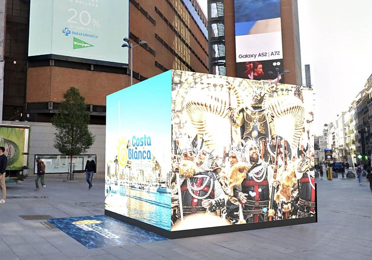 LED cube featuring Costa Blanca festivals already installed in Callao Square, Madrid.