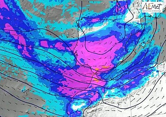 Mapa de Aemet con la evolución de la borrasca 'Jana' en España.