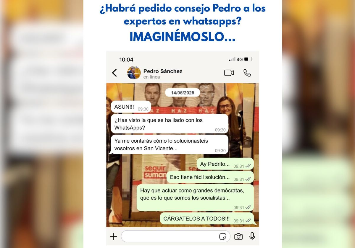 A fictional conversation created by the PP of San Vicente to ridicule the PSOE over the scandals involving Pedro Sánchez's messages.