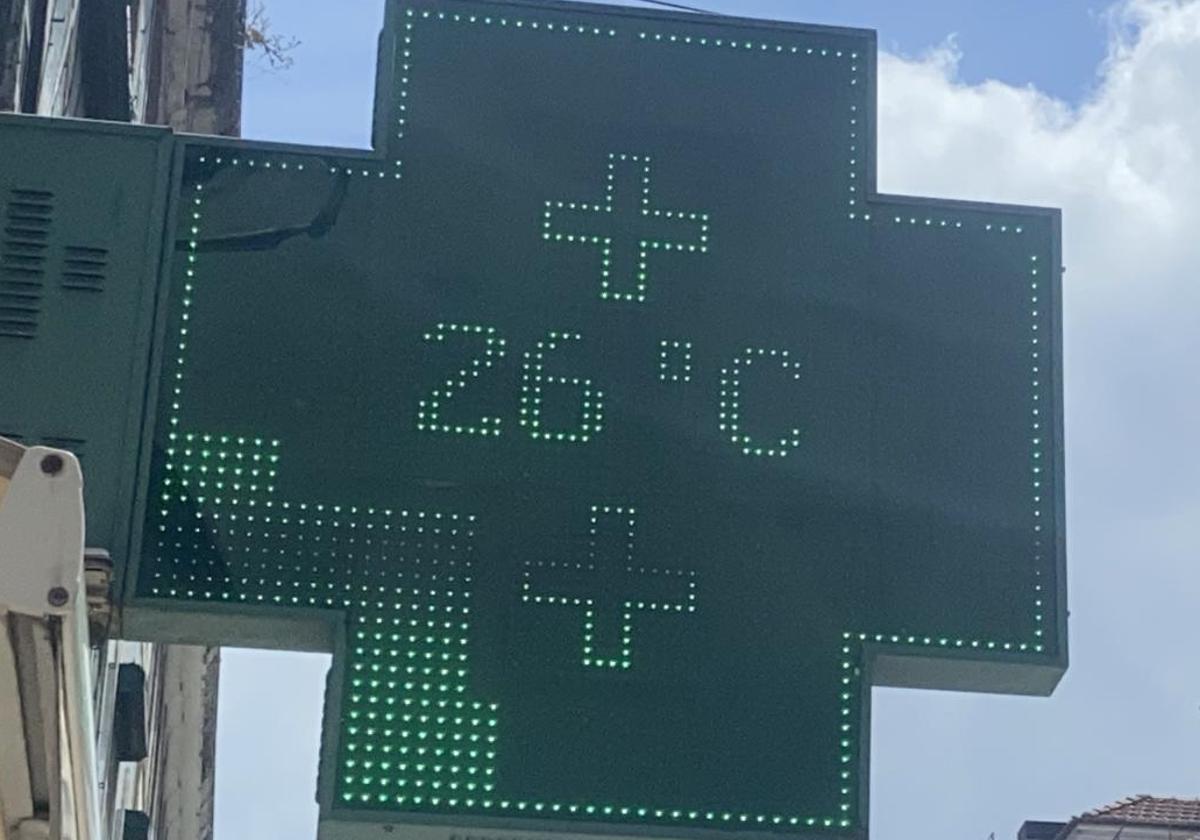 Temperature displayed on a pharmacy sign.