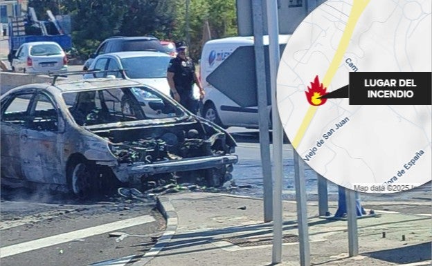 Imagen principal - Arde un coche en la avenida de Dénia de Alicante
