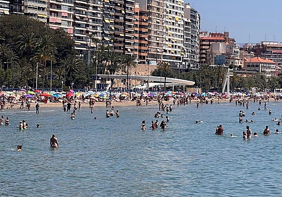 Personas bañándose en la playa del Postiguet este jueves.