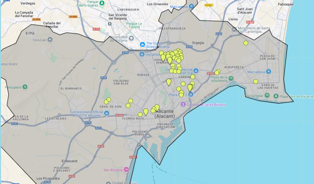 Mapa de casas en venta con 'inquiokupa' en la ciudad de Alicante.