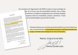 El texto íntegro de la carta de dimisión de Santos Cerdán