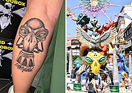 Tatuaje de Paula Iborra con la trasera de la hoguera Carolinas Altas 2023.