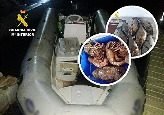 La embarcación semirrígida utilizada por los furtivos y parte de la captura ilícita.