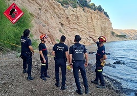 Bomberos y Policía Local analizan el acantilado del que han caído las rocas.