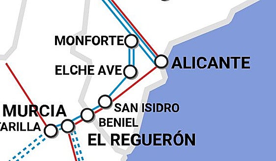 Eje actual de la conexión entre Elche, Alicante y Monforte del Cid/Situación actual del Corredor Mediterráneo.