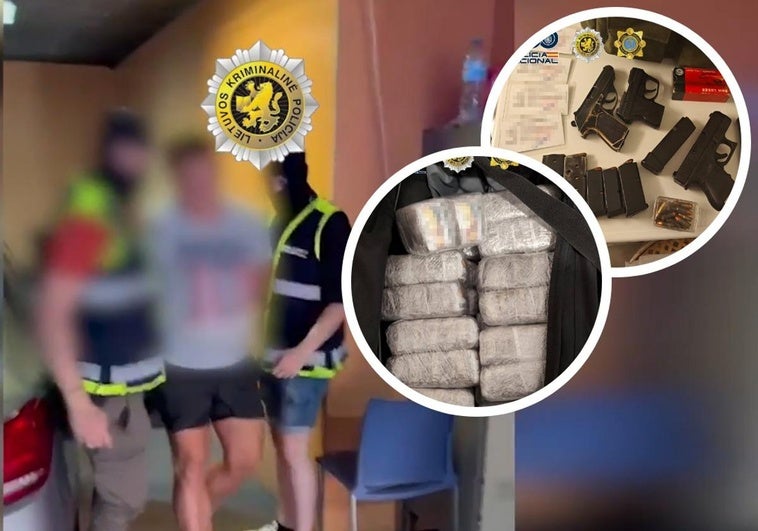 El detenido en Orihuela y parte de la droga y armas decomisadas en la operación internacional.