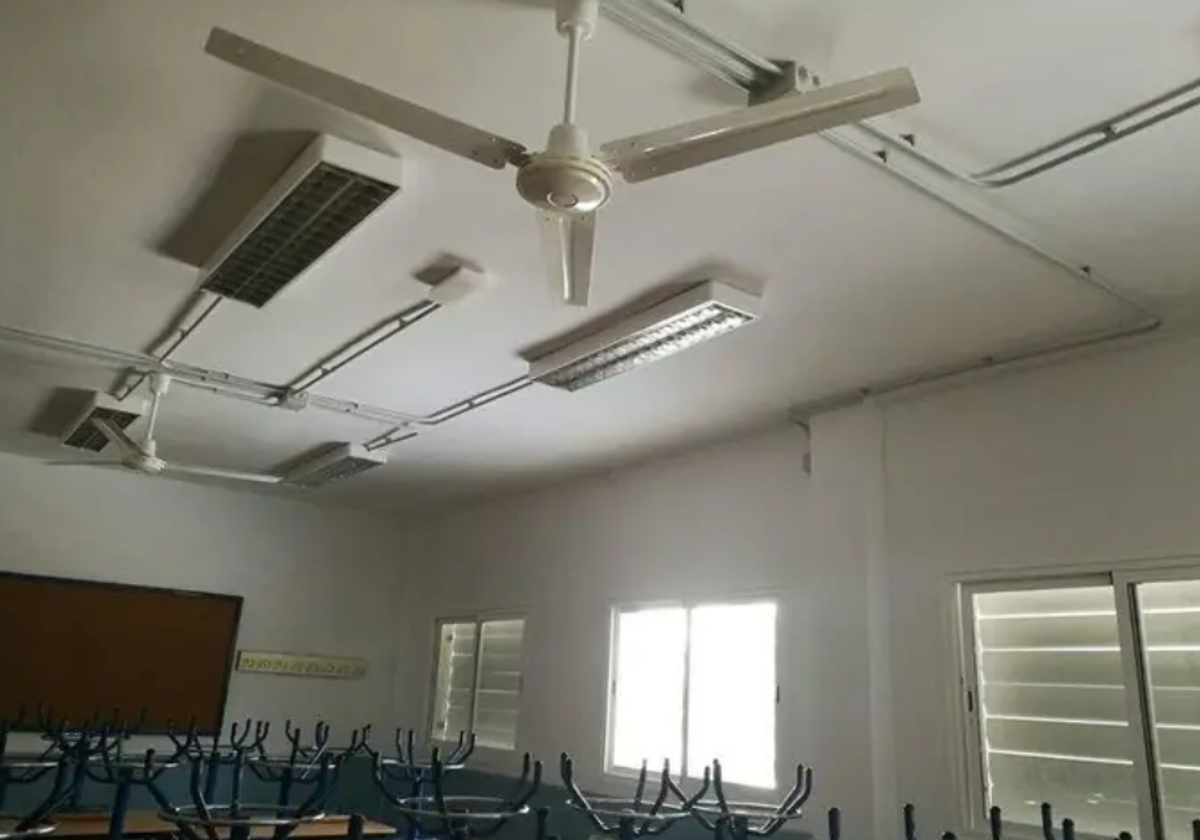 Ventiladores en el techo de una aula.