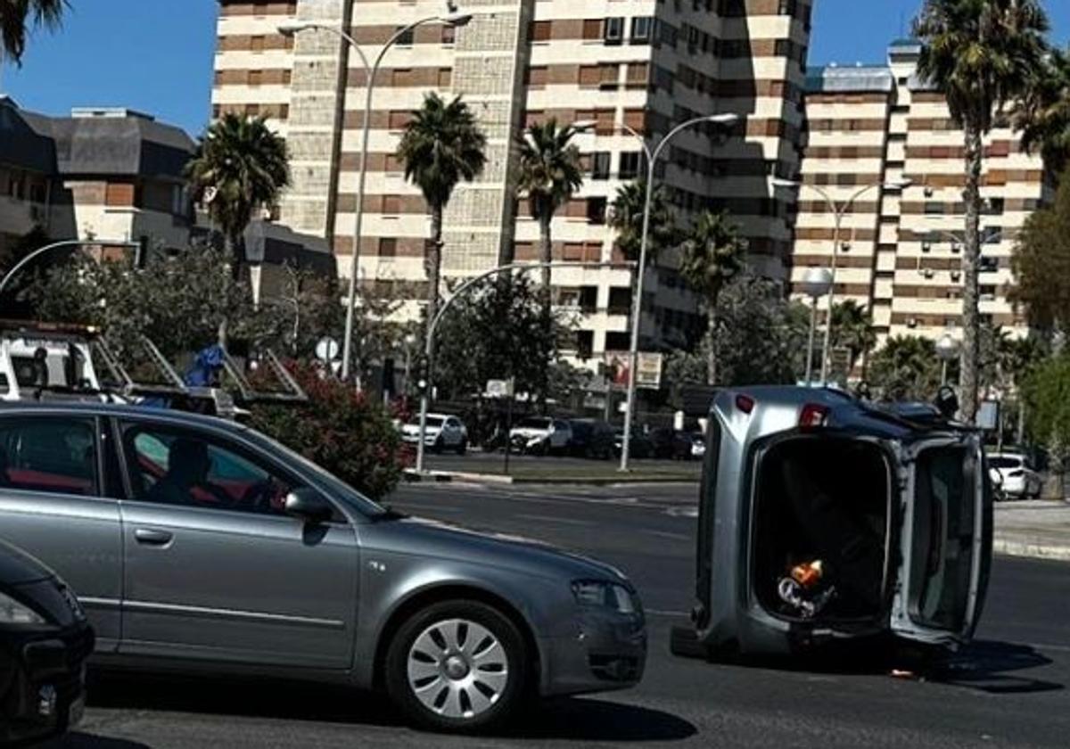 The overturned car of the injured driver after the accident.