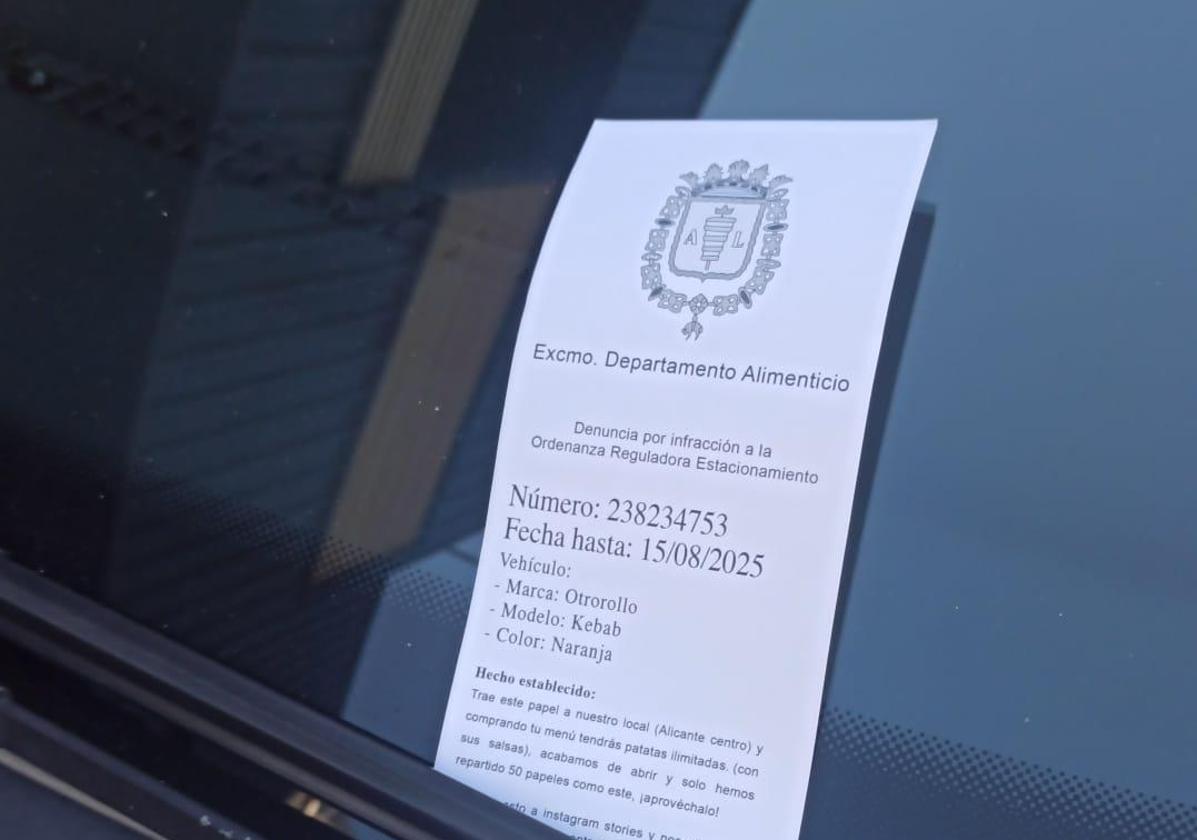 One of the leaflets, mimicking a fake fine, on a car in Alicante.