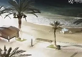 Un bañista coloca su sombrilla en una playa de Torrevieja de madrugada: «Todavía es noche cerrada».