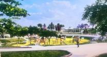 Un parque con grandes toboganes y auditorio