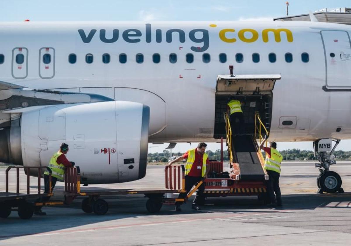 Loading operations of a Vueling aircraft at Alicante-Elche airport.
