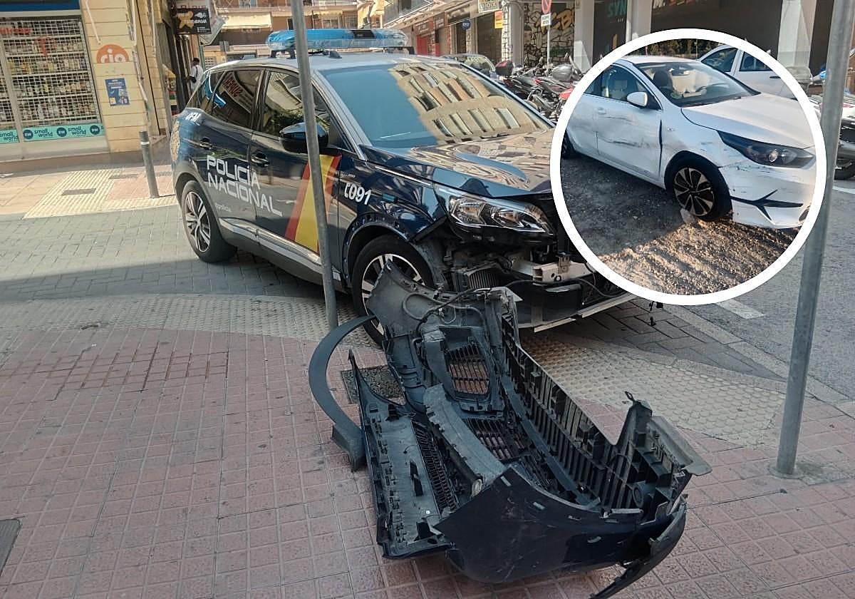 Imagen del estado de una de las patrullas y del coche del kamikaze tras el arresto.