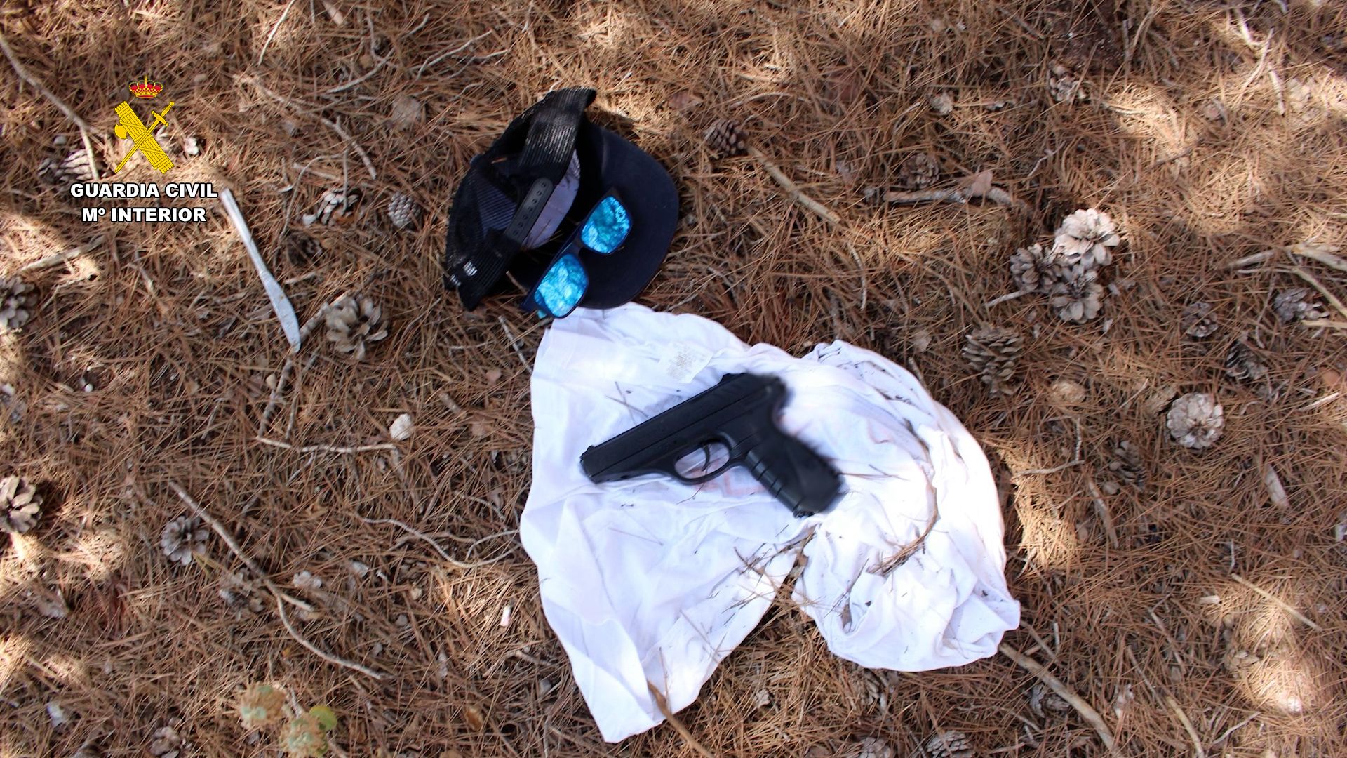 Pistola y disfraz encontrado.