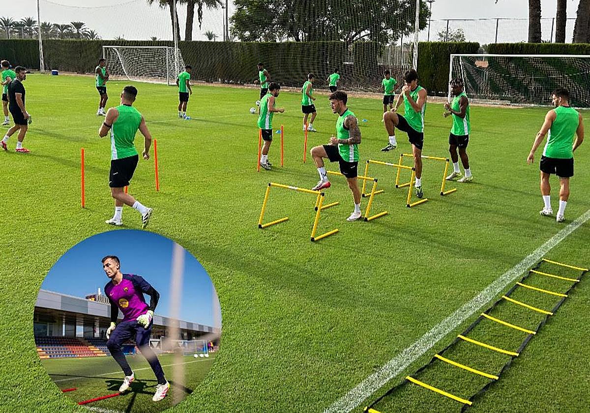 Los jugadores del Elche, durante la sesión previa al choque frente al Levante.