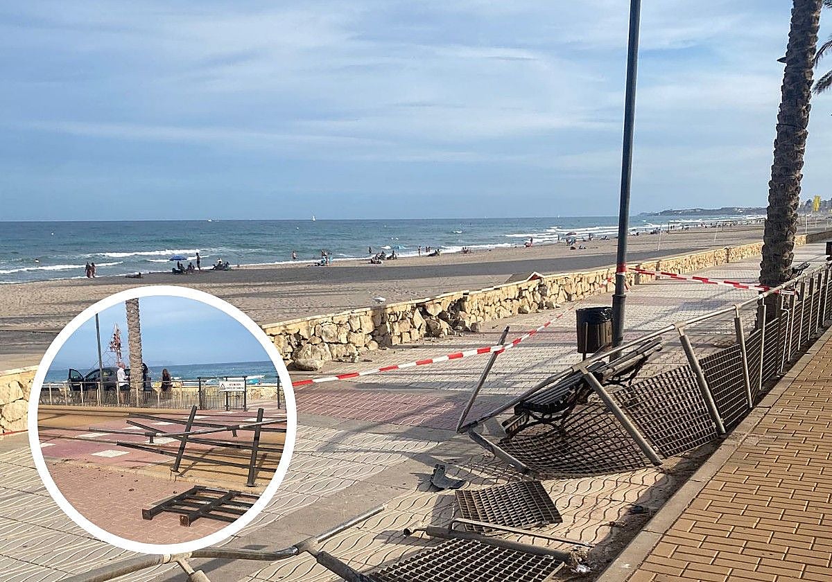 Imagen principal - Un coche destroza las vallas del TRAM y se estrella contra el muro del paseo de Muchavista al echar marcha atrás