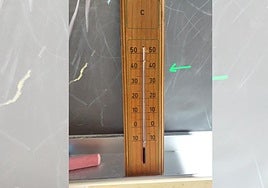 Termómetro de un aula que marca temperaturas cercanas a los 40 grados.