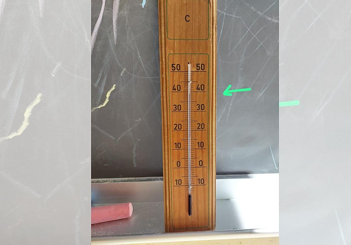 Termómetro de un aula que marca temperaturas cercanas a los 40 grados.